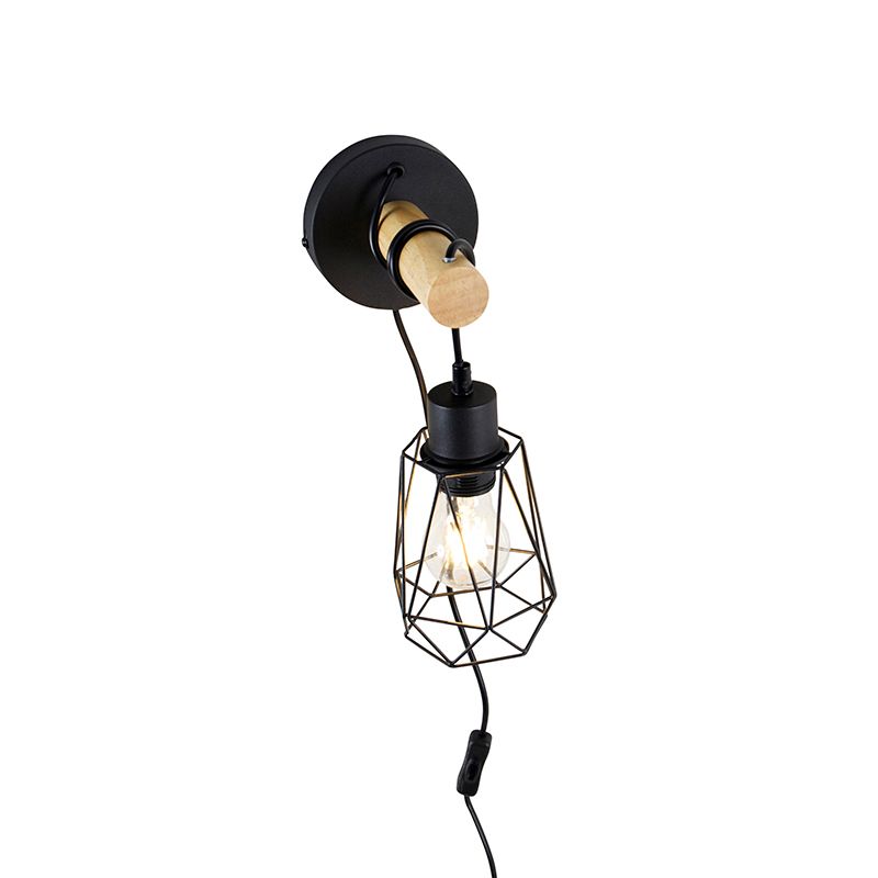 Landelijke wandlamp zwart met hout - Dami Frame