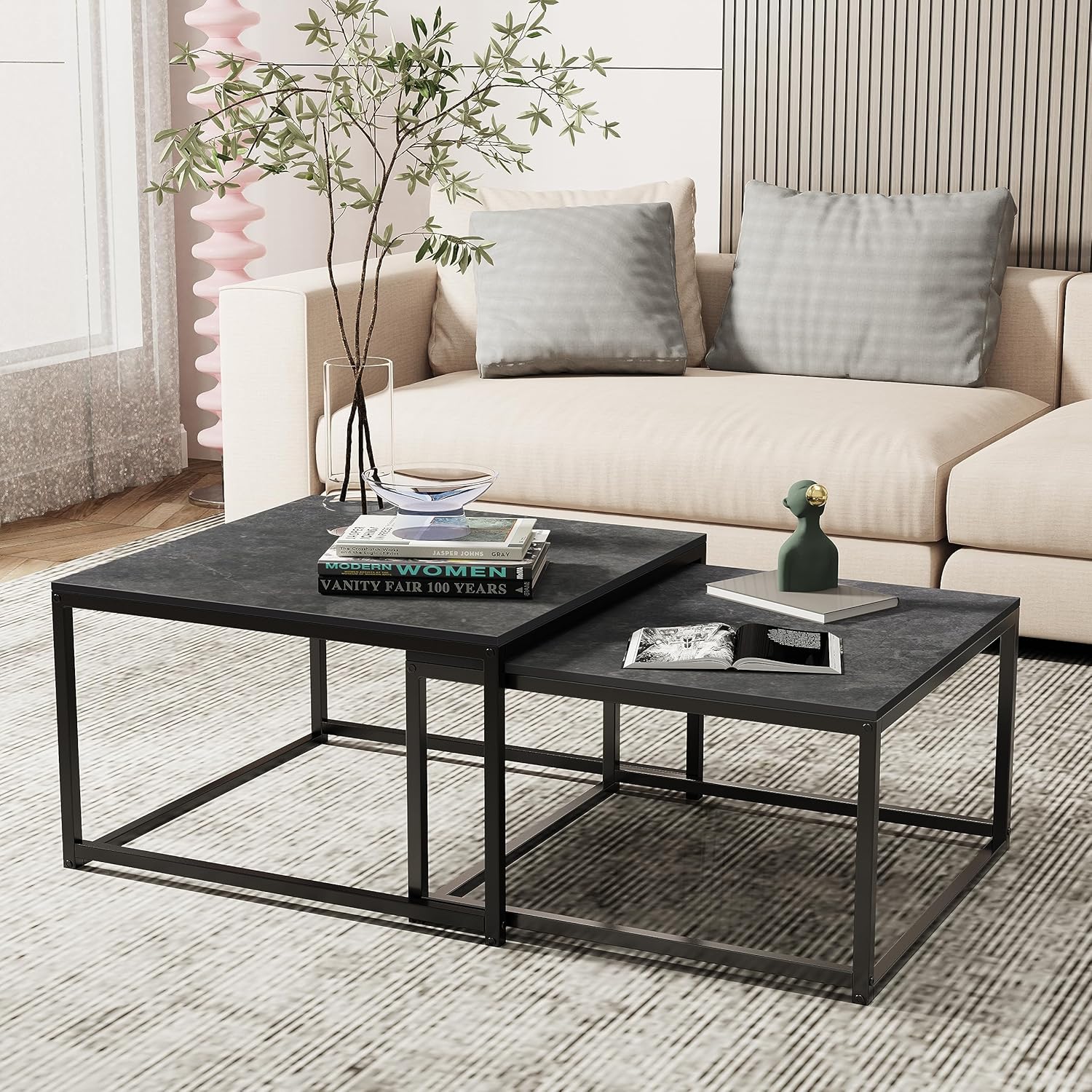 FATIVO Couchtisch Schwarz Marmor Wohnzimmertisch: beistelltisch 2er Set modern sofatisch quadratisch mit metallgestell für Wohnzimmer groß:65×65×40cm klein:60×60×34cm
