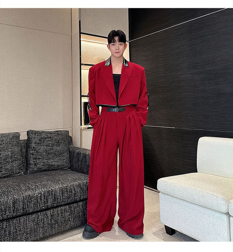 Freehop - Set: Peak Lapel Two Tone Faux Leather Panel Open Front Crop Blazer + Mid Rise Wide Leg Dress Pants