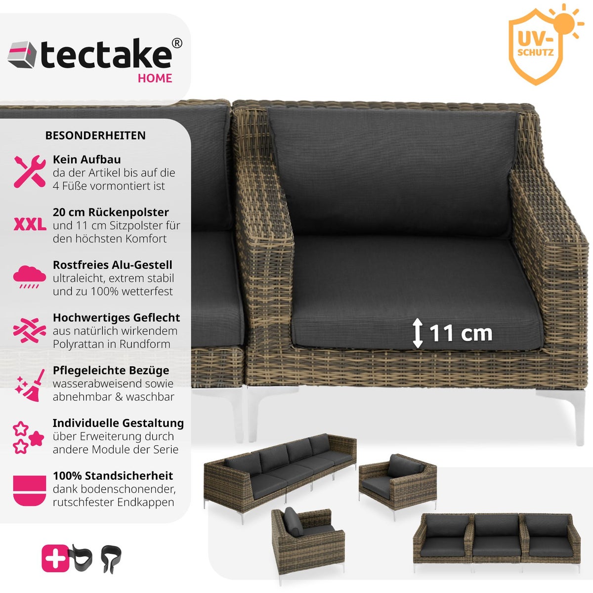 Modulaire rotan set tectake Villanova fauteuil met aluminium frame 85 x 89 x 72 cm