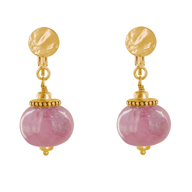Boucles d'Oreilles Clip Métal Doré et Grosses Perles en Céramique
