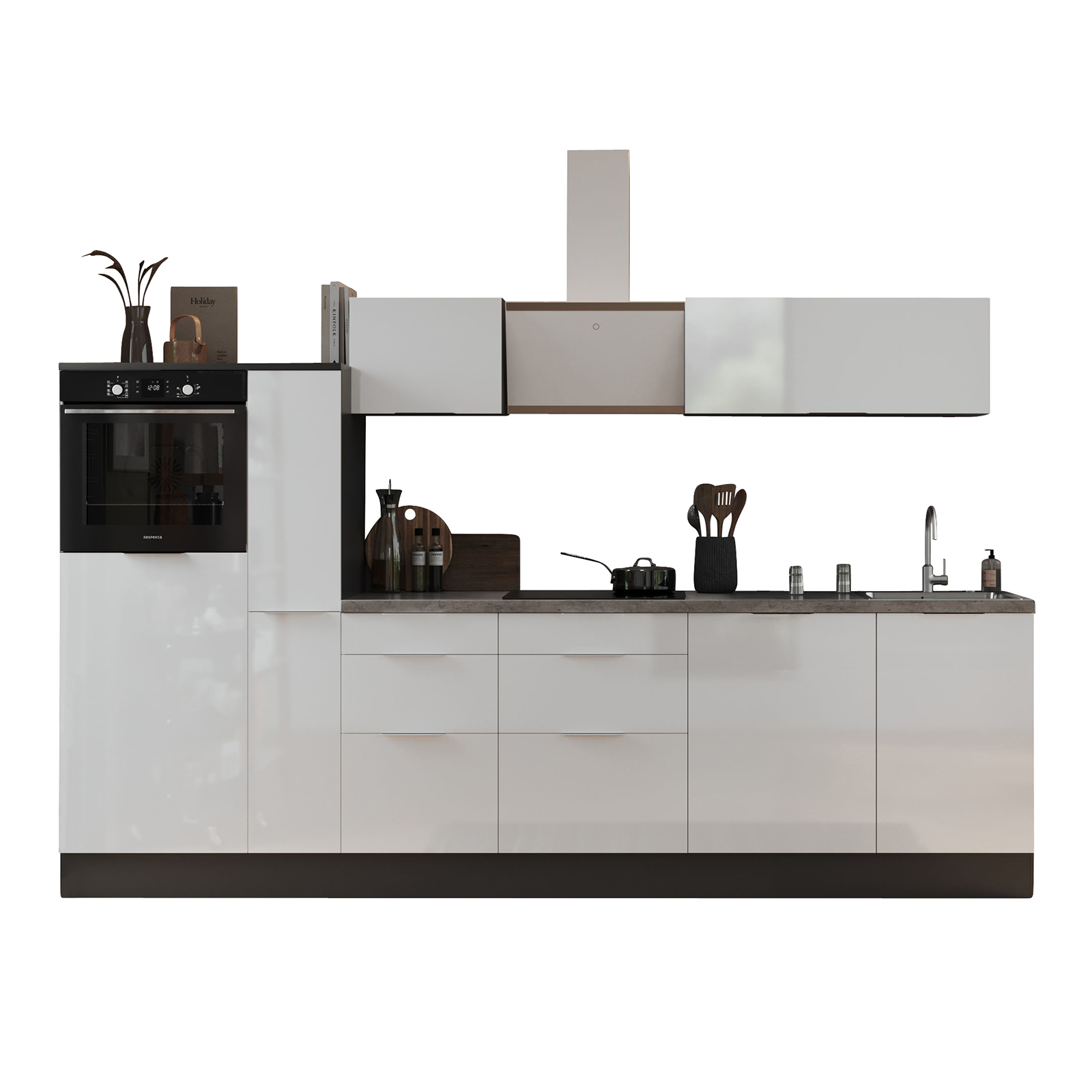 RESPEKTA Küchenblock - weiß Hochglanz - grau matt - mit E-Geräten - 310 cm