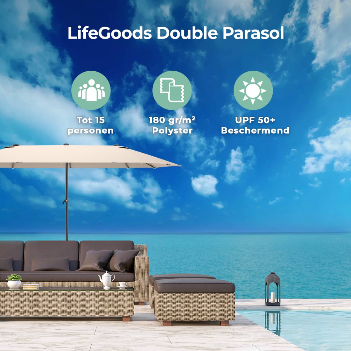 LifeGoods dubbele parasol - Taupe
