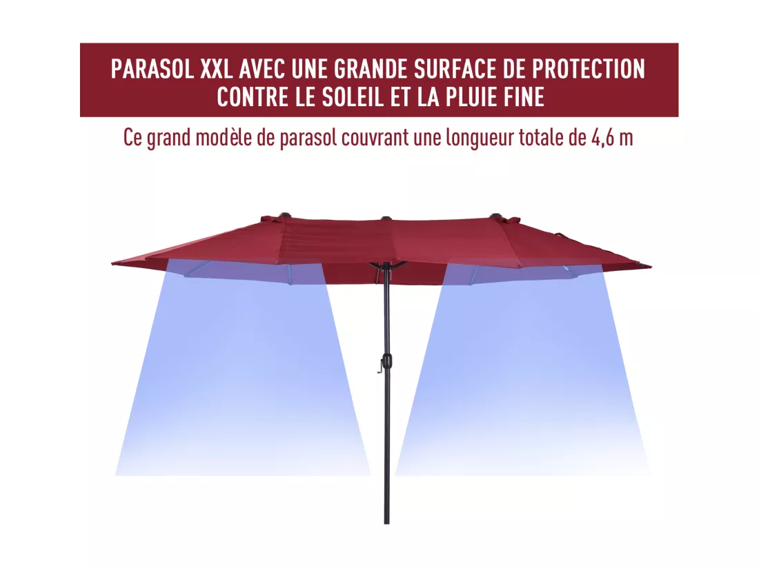 Parasol de jardin XXL parasol grande taille 4,6L x 2,7l x 2,4H m ouverture fermeture manivelle acier polyester haute densité bordeaux