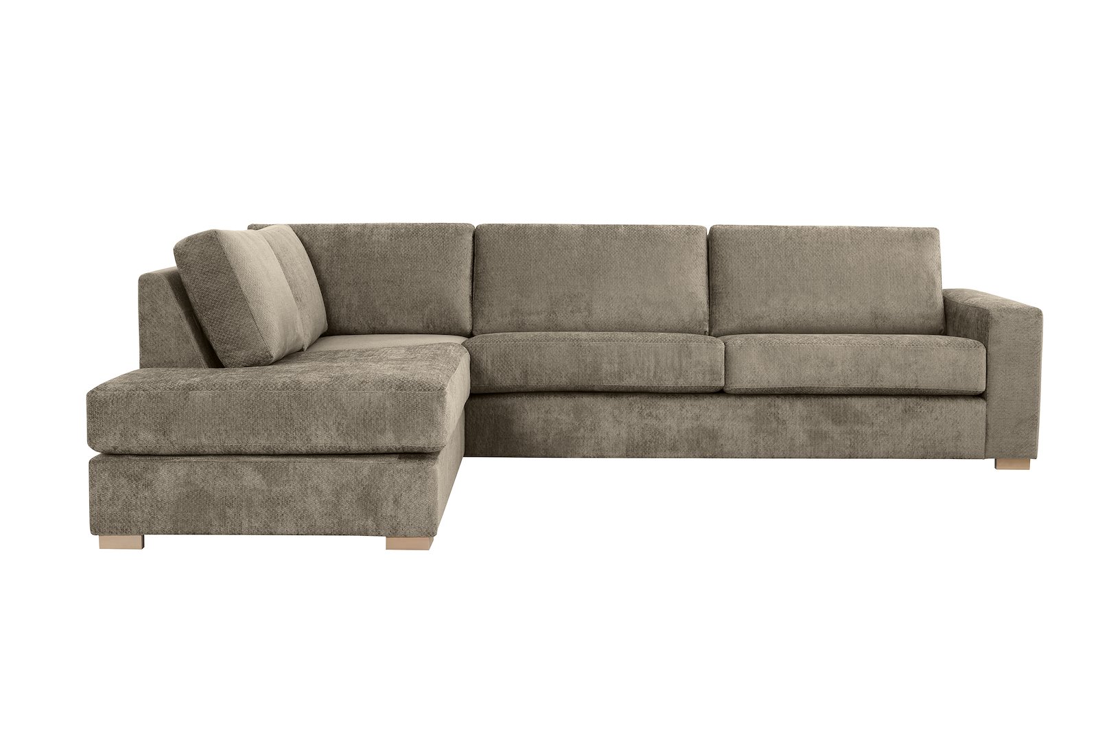 Modern Living hjørnesofa 3-seter med åpen ende venstre i tekstil Movie 13/1 Light Khaki med arm A og ben 1 hvitvasket eik. Faste puter