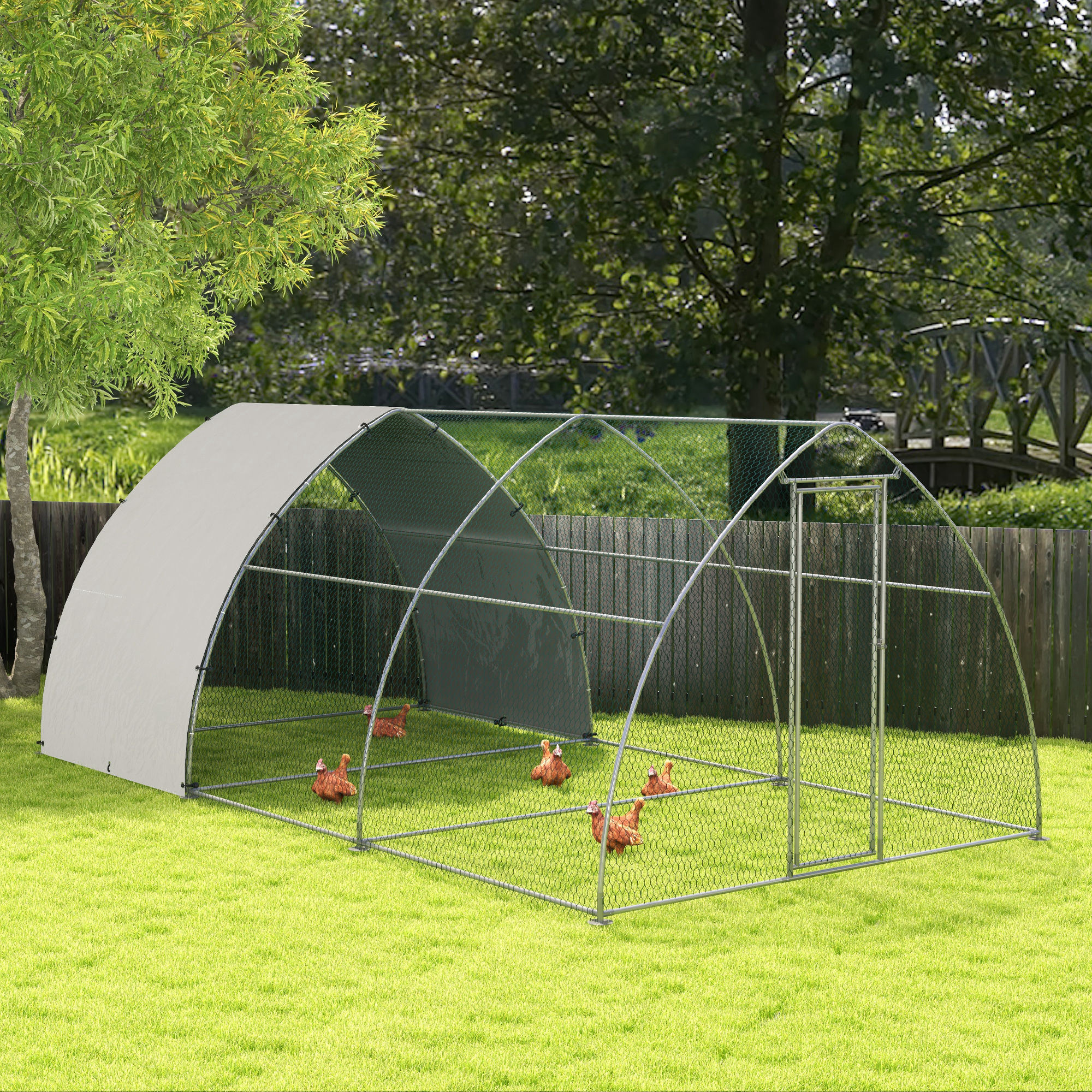 Galinheiro externo PawHut 304x375x220 cm em aço galvanizado com cobertura em tecido Oxford resistente a raios UV e à prova d'água para pátio, cor prata.