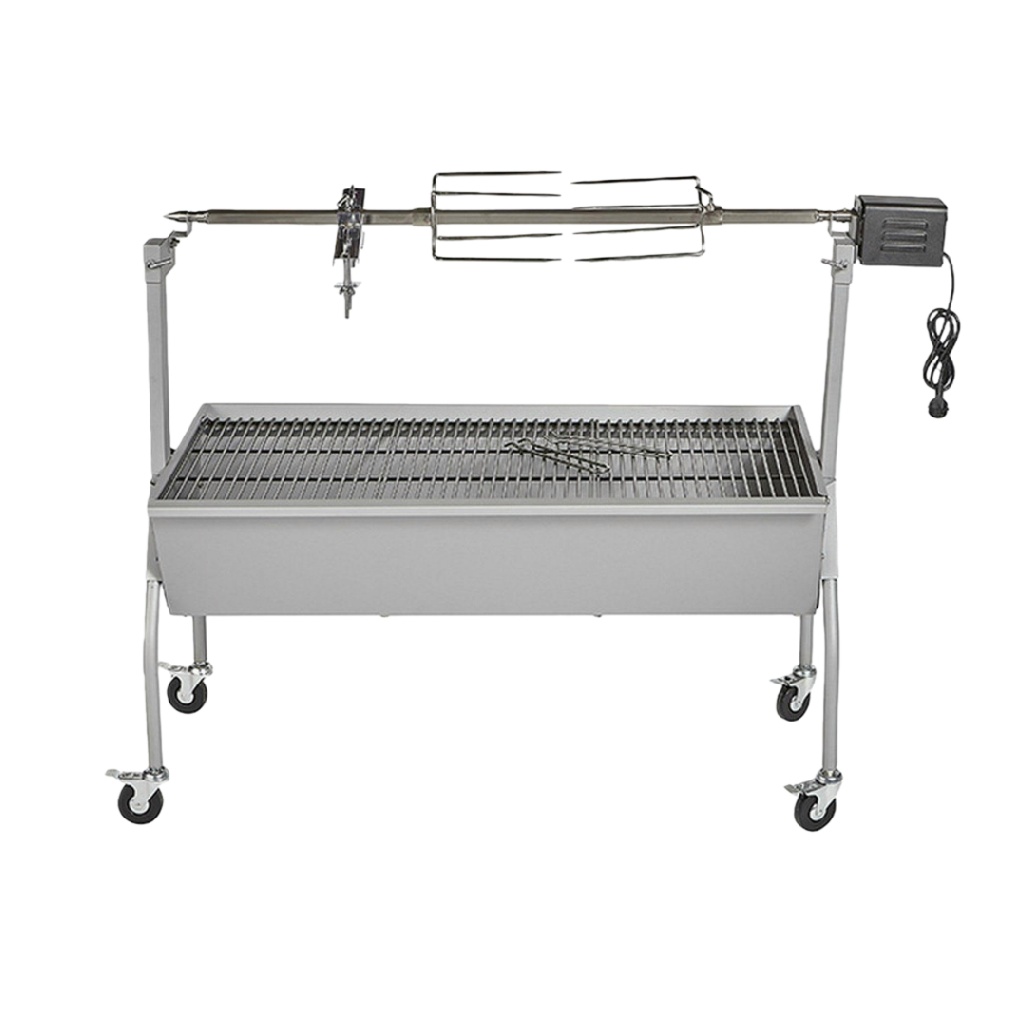 Barbecue à charbon en acier inoxydable avec tournebroche électrique – modèle professionnel
