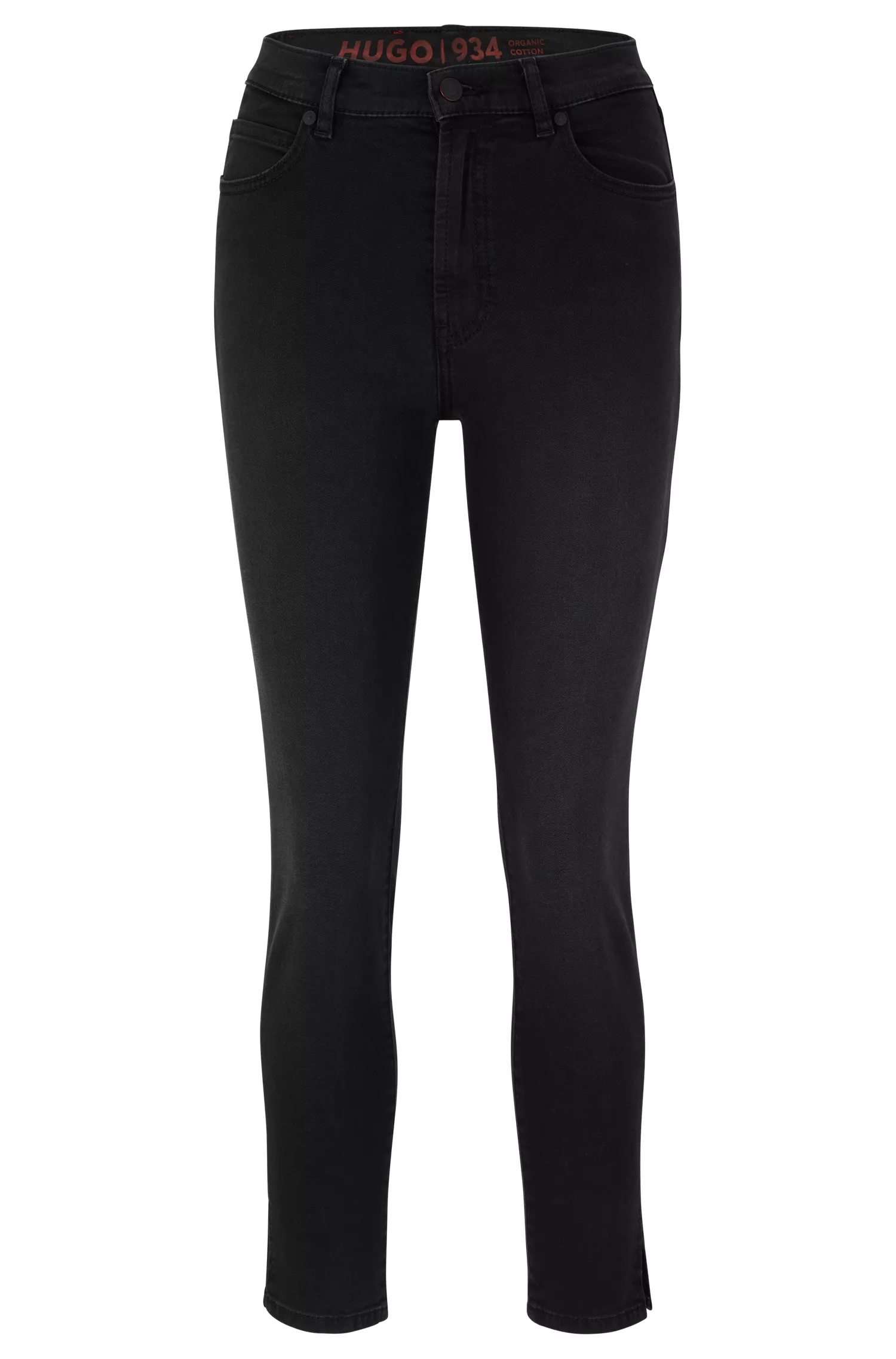 Calça jeans HUGO vermelha, corte slim, em denim preto com elasticidade confortável.