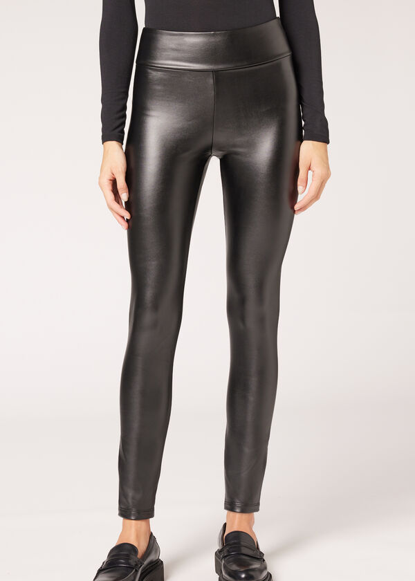 Calças legging com efeito de couro térmico