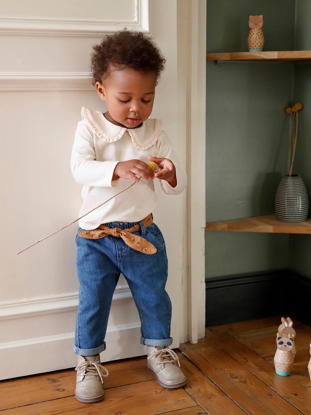 Calça jeans com cinto de tecido, para bebê, azul escuro liso