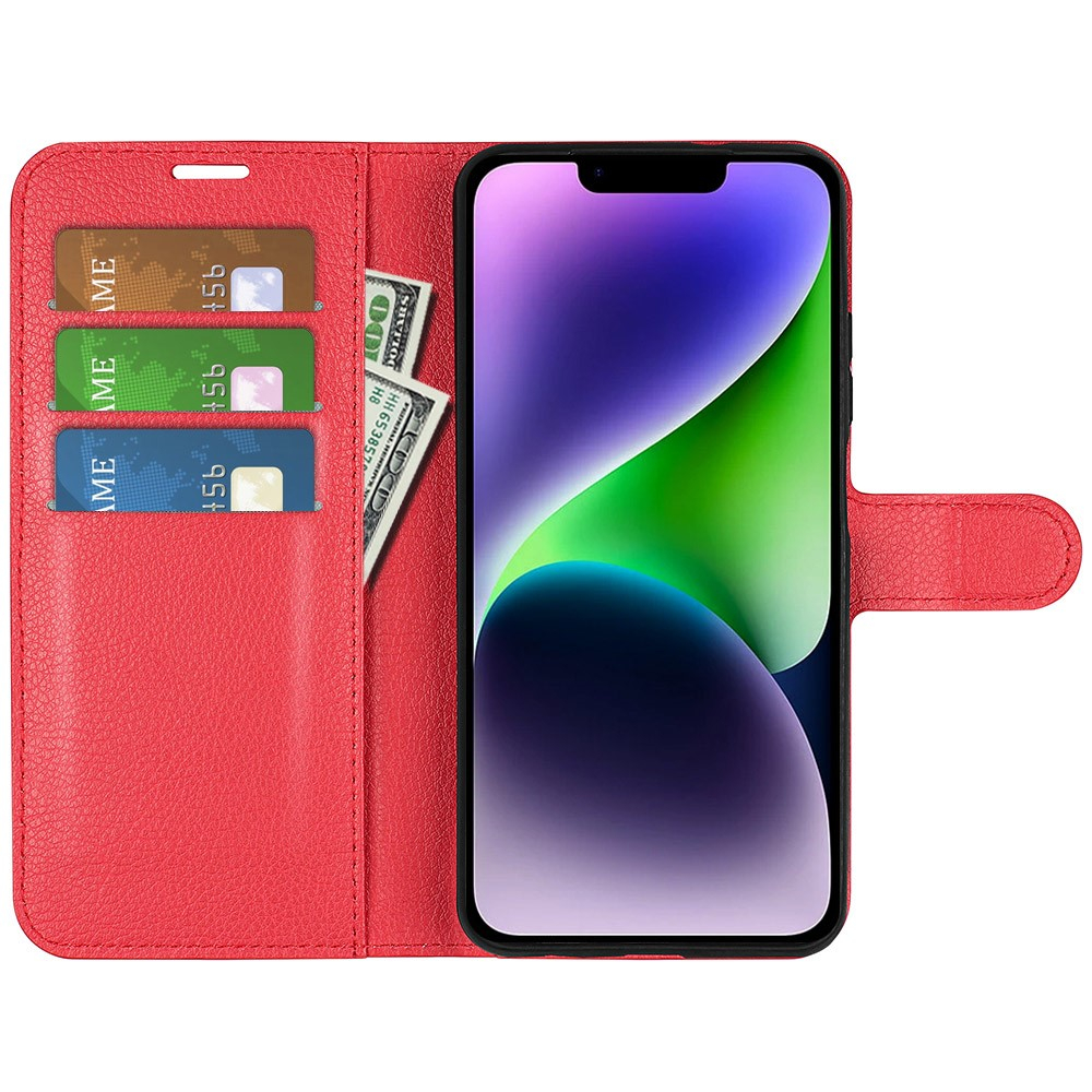 iPhone 15 Leder Tasche Flip Cover Litchi Look - Rot