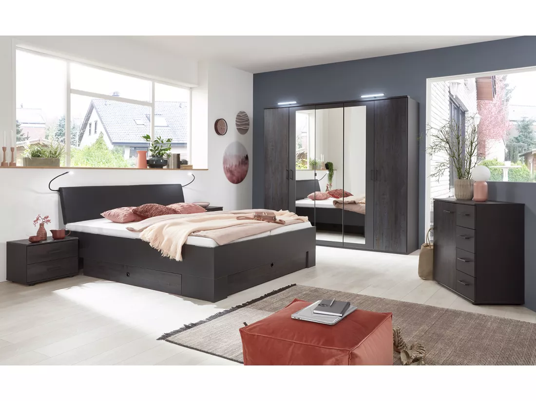 Chambre à coucher complète adulte (lit 160x200 cm Queen Size + 2 chevets + armoire)