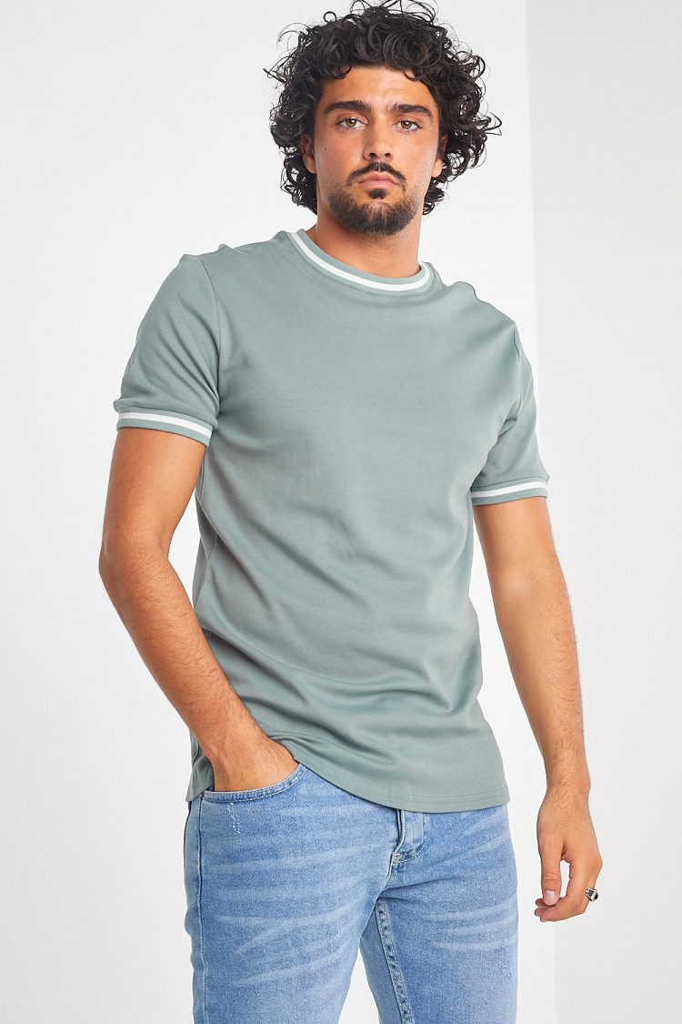 T-shirt kaki col rond à bandes blanches