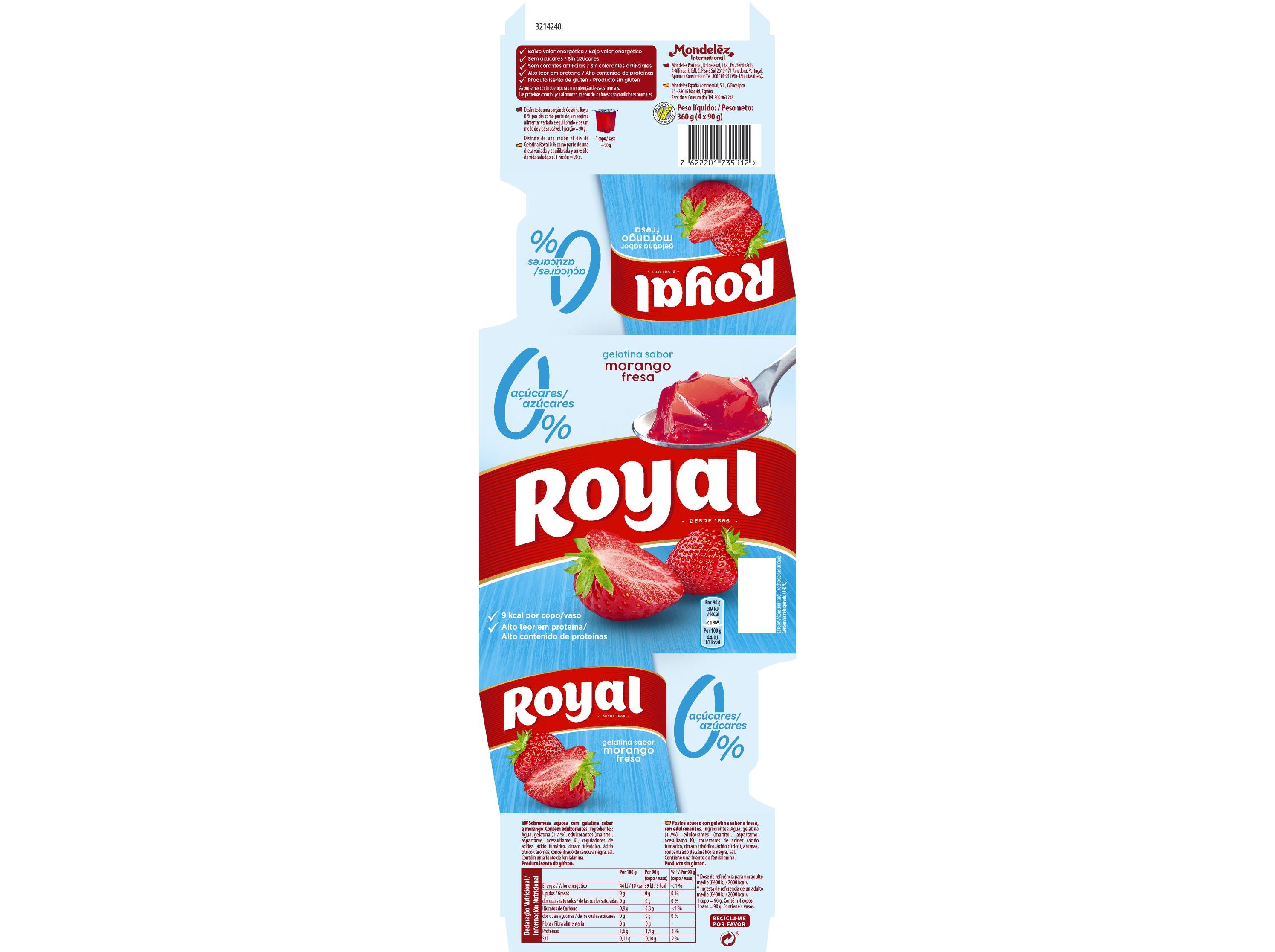 GELATINA ROYAL MORANGO 0% DE AÇÚCAR 4X90 G