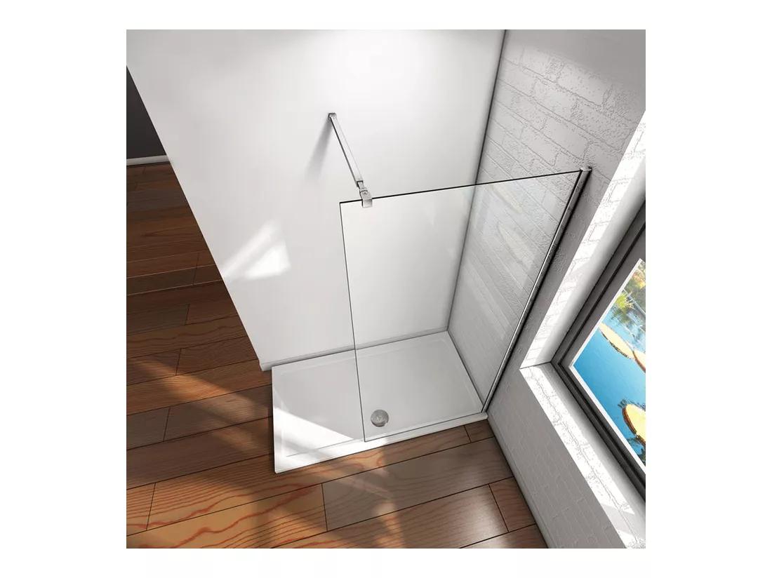 Paroi de douche fixe à l'italienne 90x200cm - 10mm verre trempé anticalcaire - Avec barre de fixation 73-120cm en carré