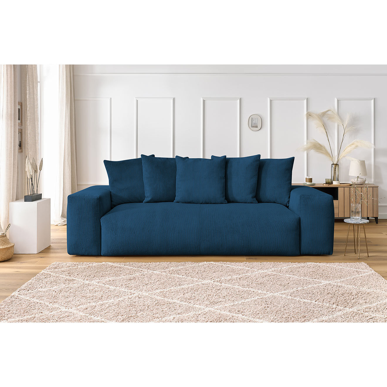 Bobochic Canapé droit fixe 3 places ultra moelleux voltaire velours côtelé bleu foncé - 280x124x75 cm