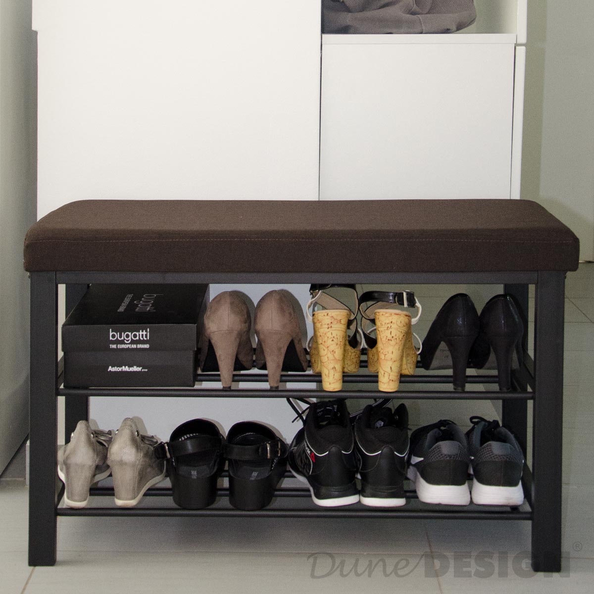 Schuhregal 81x32x50cm offener Schuhschrank 2 Böden stabile Sitzbank Bank Braun
