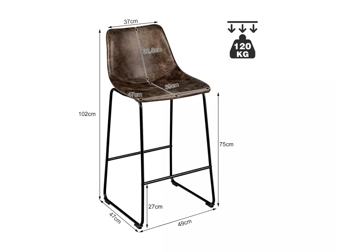Tabourets de Bar (lot de 2), Repose-pieds, Hauteur assise 75cm, Marron Rustique
