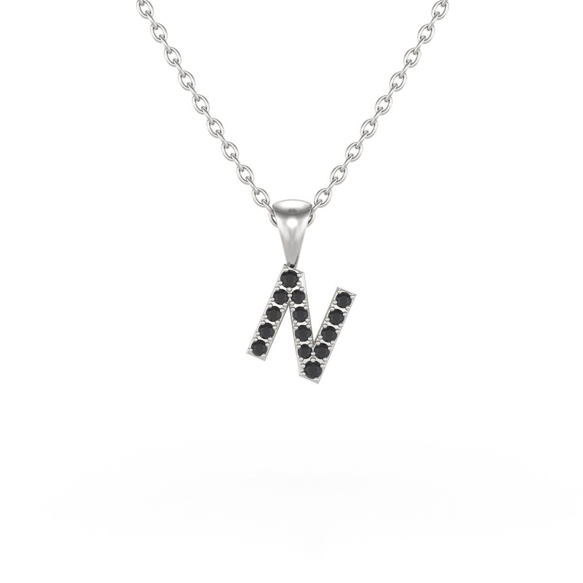 Collier Pendentif ADEN Lettre N Or 750 Blanc Diamant Noir Chaine Or 750 incluse 0.72grs