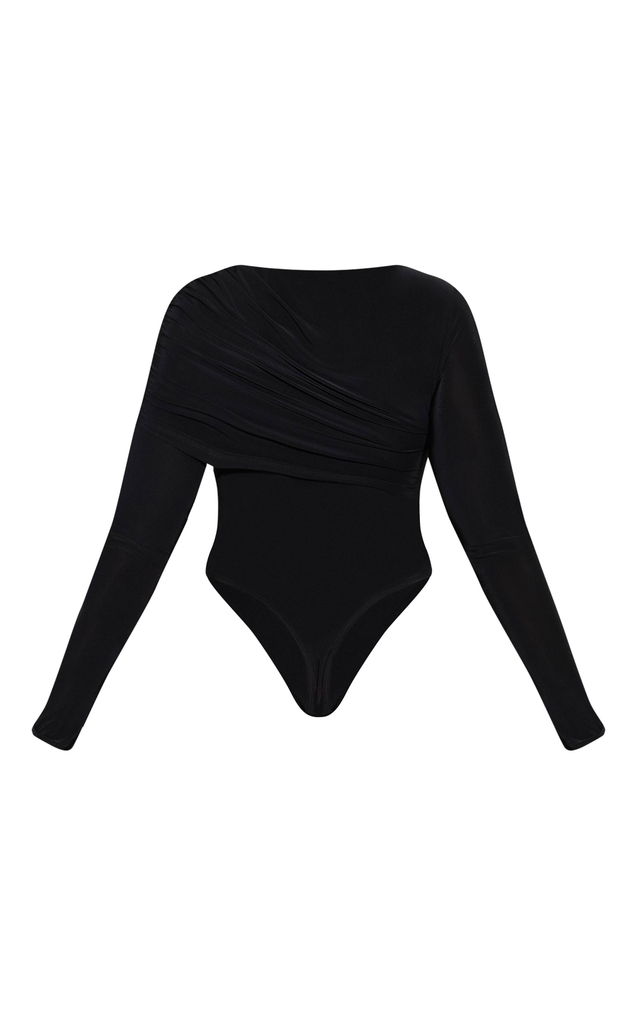Noir Body À Manches Longues En Tissu Slinky Double Couche Avec Détail Cape