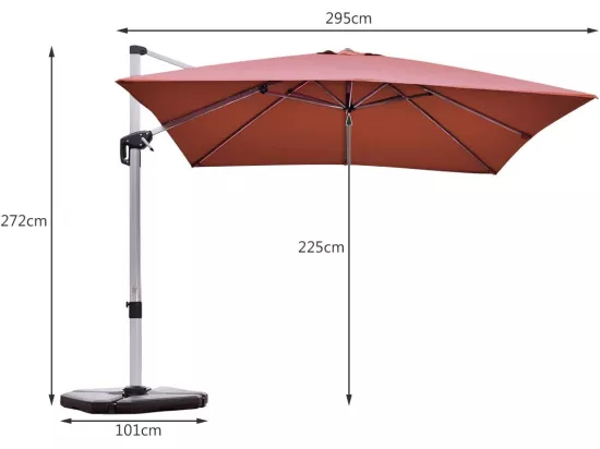 Parasol Déporté Carré 3M avec Base en Croix Poteau en Aluminium Rotatif à 360° Manivelle Inclinable 8 Baleines Orange