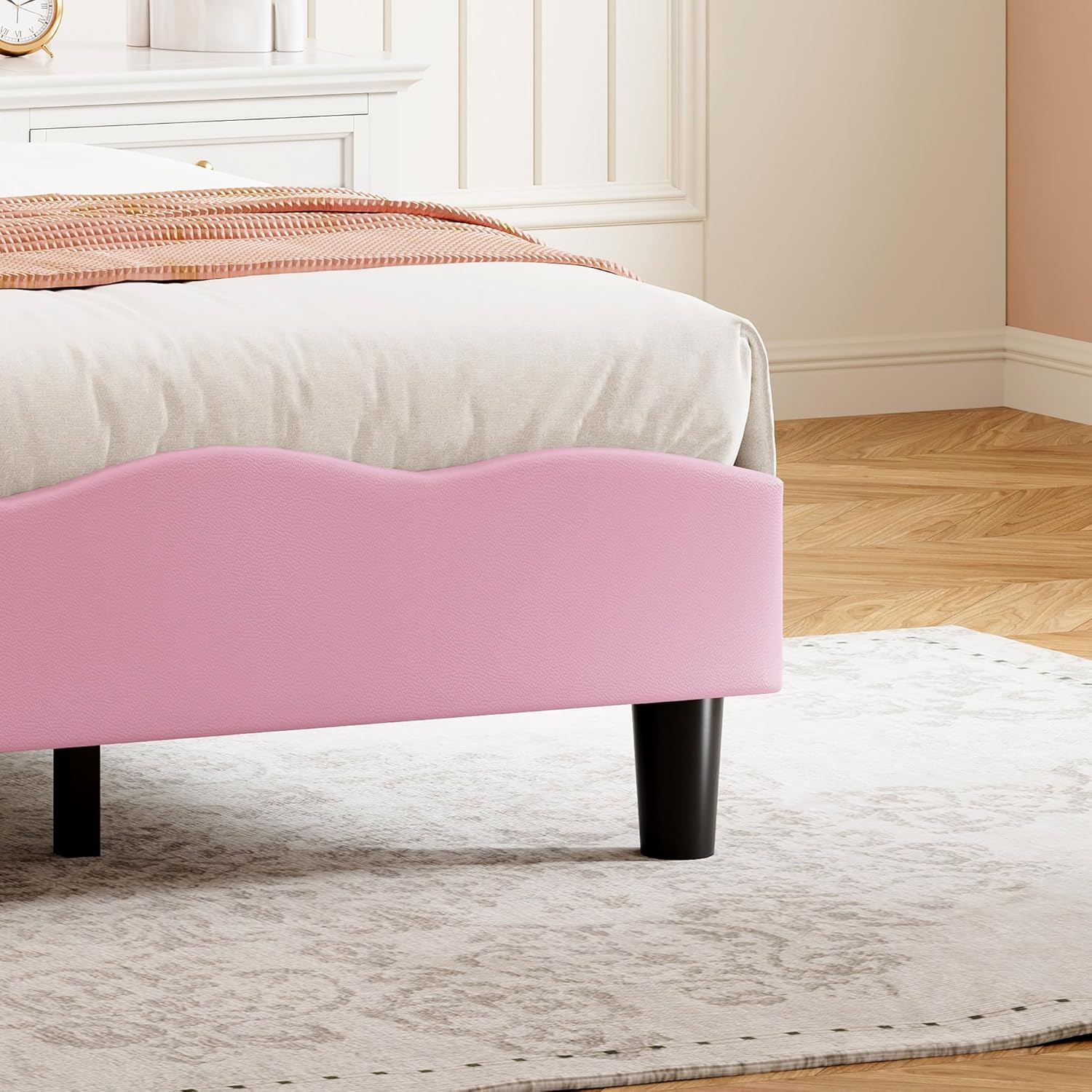 Kinderbett 90x200 cm, LED Einzelbett Gepolstertes Bett mit lattenrost für Mädchen, Polsterbett Jugendbett mit verstellbarem Kopfteil für Kinderzimmer, ohne Matratze (Rosa Schmetterling)