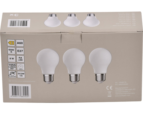 3x LED Lamp A60 E27/8.0W (75W) 1055 lm 6500 K daglichtwit mat 3 stuks