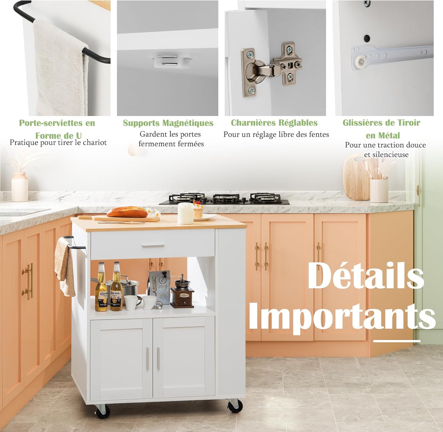GIANTEX Desserte de Cuisine à roulettes, Chariot de Rangement avec Compartiment Ouvert pour Micro-Ondes, Tiroir, Placard avec 2 Portes, Porte-Épices à 3 Niveaux, Blanc IV5272882