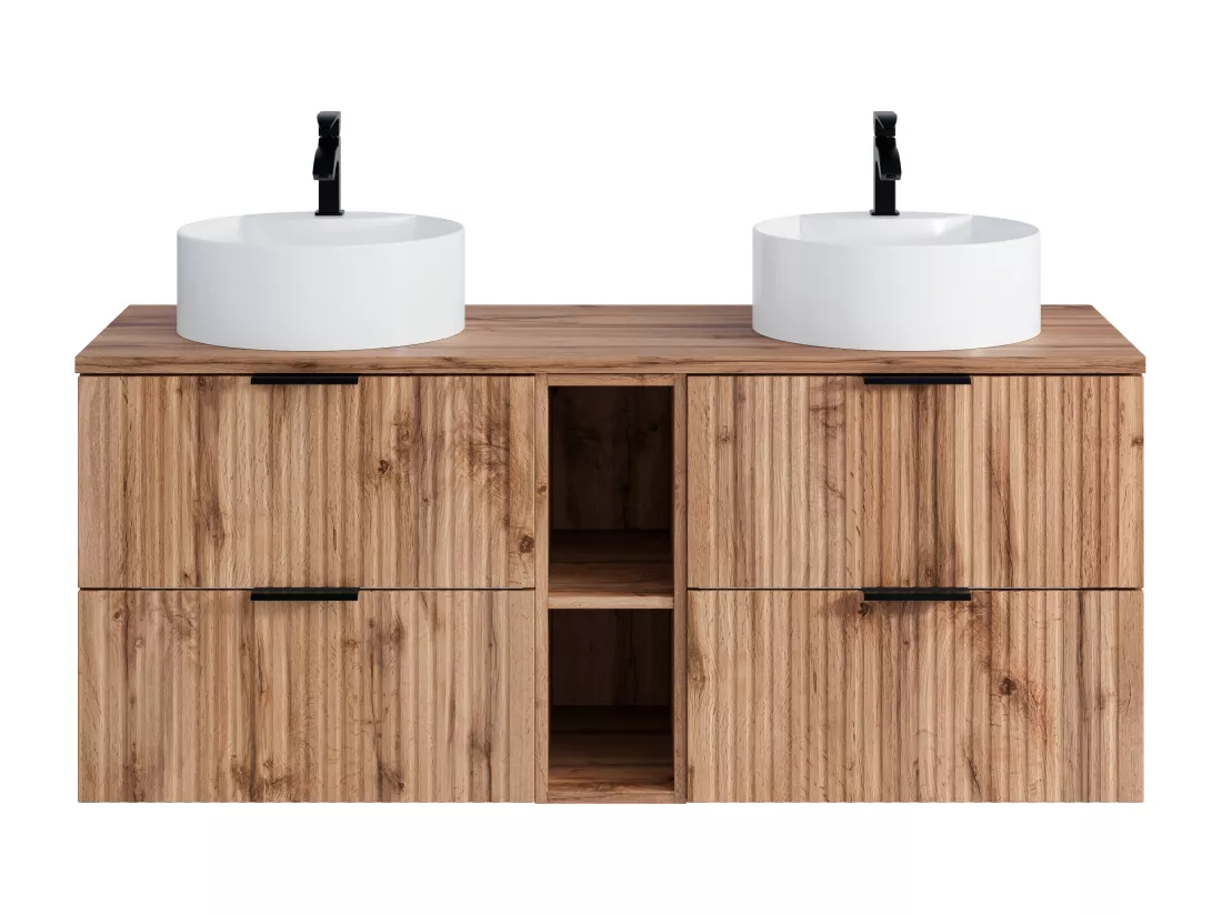 Meuble de salle de bain suspendu strié avec niches et double vasque à poser carrée - Naturel clair - L140 cm - ZEVARA