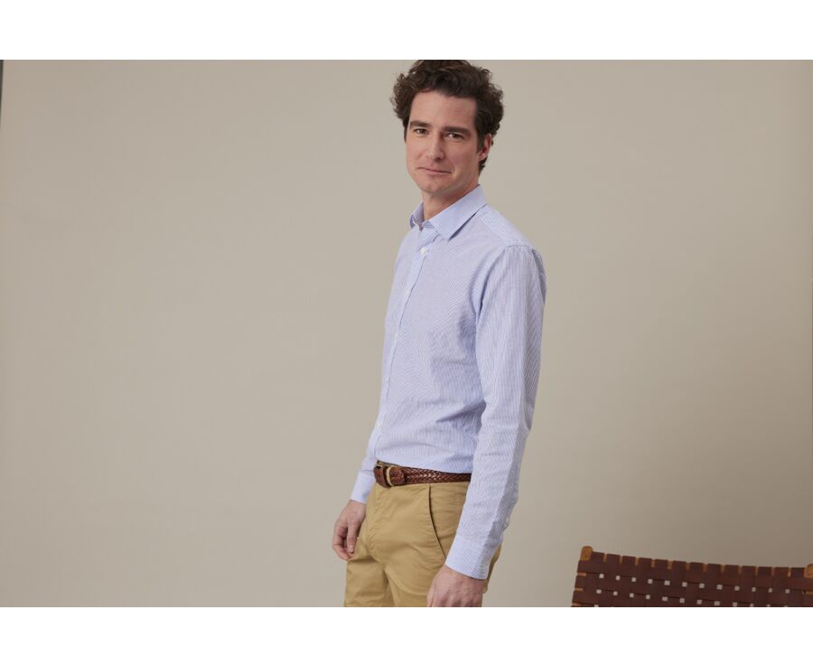 Chemise coton et lin Bleu Océan et liseré Blanc - EDIBERT
