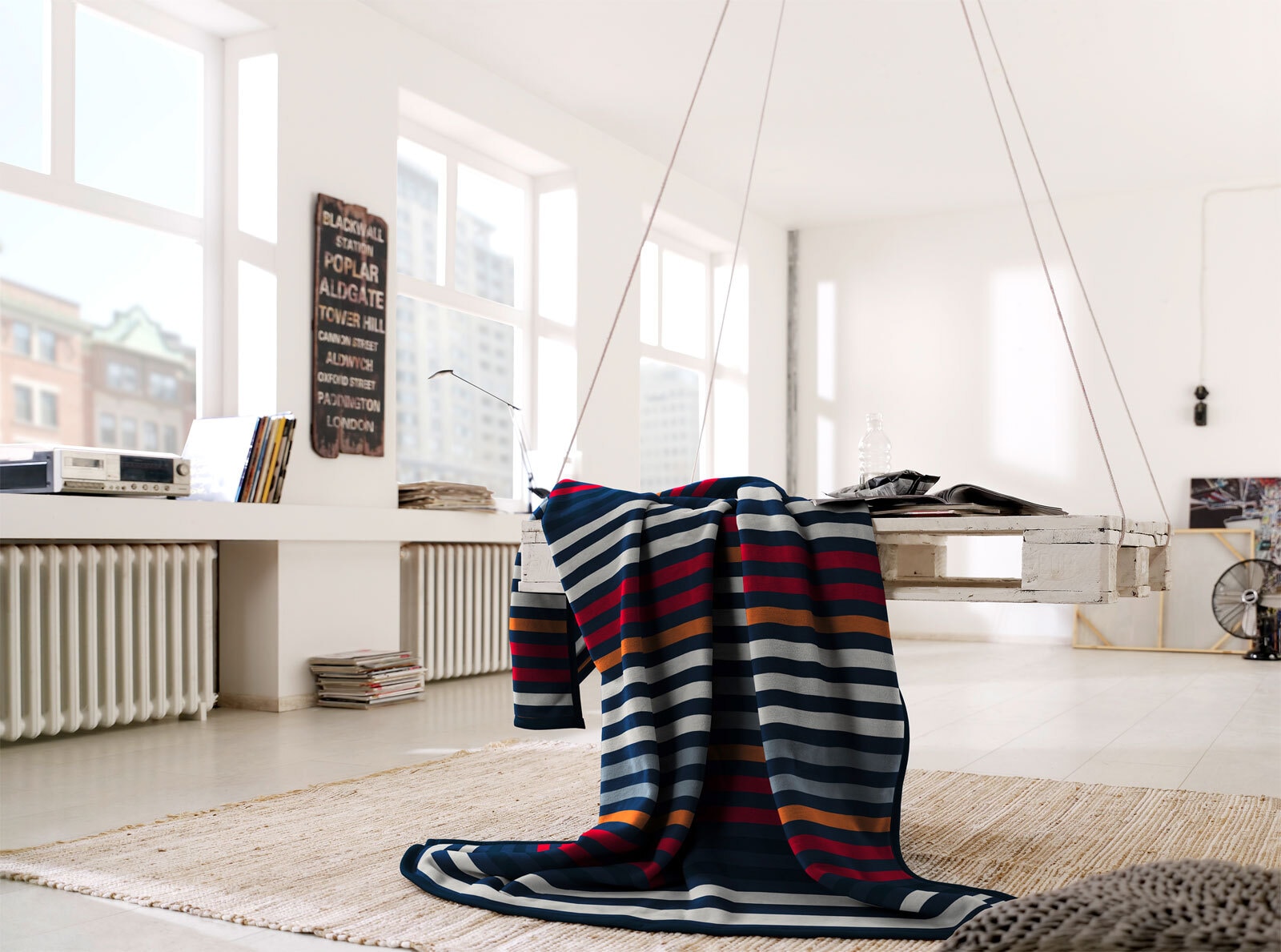 Biederlack Wohndecke Streifen 150 x 200 cm blau/rot