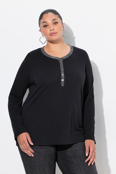 Shirt, Glitzer-Knopfleiste, V-Ausschnitt, Langarm