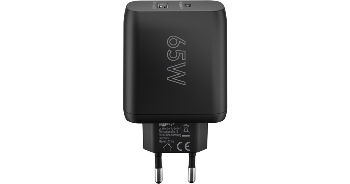 goobayUSB-C PD GaN Dual snellader (65 W)  (Zwart, 1x USB-C, 1x USB-A, Power Delivery)