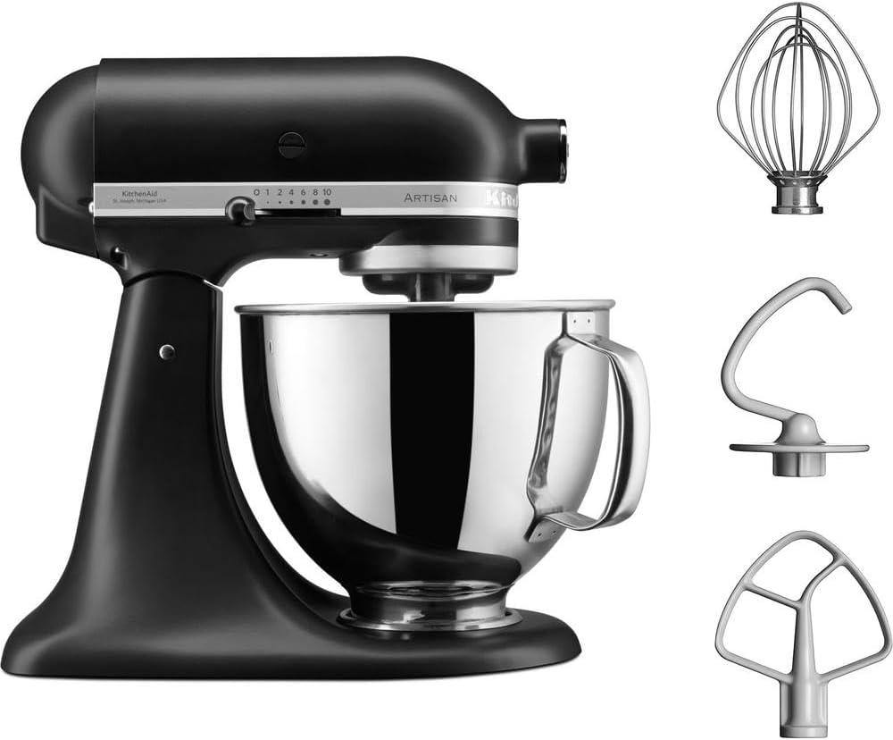 KitchenAid Küchenmaschine - Artisan - Kippbarem Food Processor - Teigknetmaschine mit 3 Zubehör und Schüssel aus Edelstahl - 4.8 L - Matt schwarz