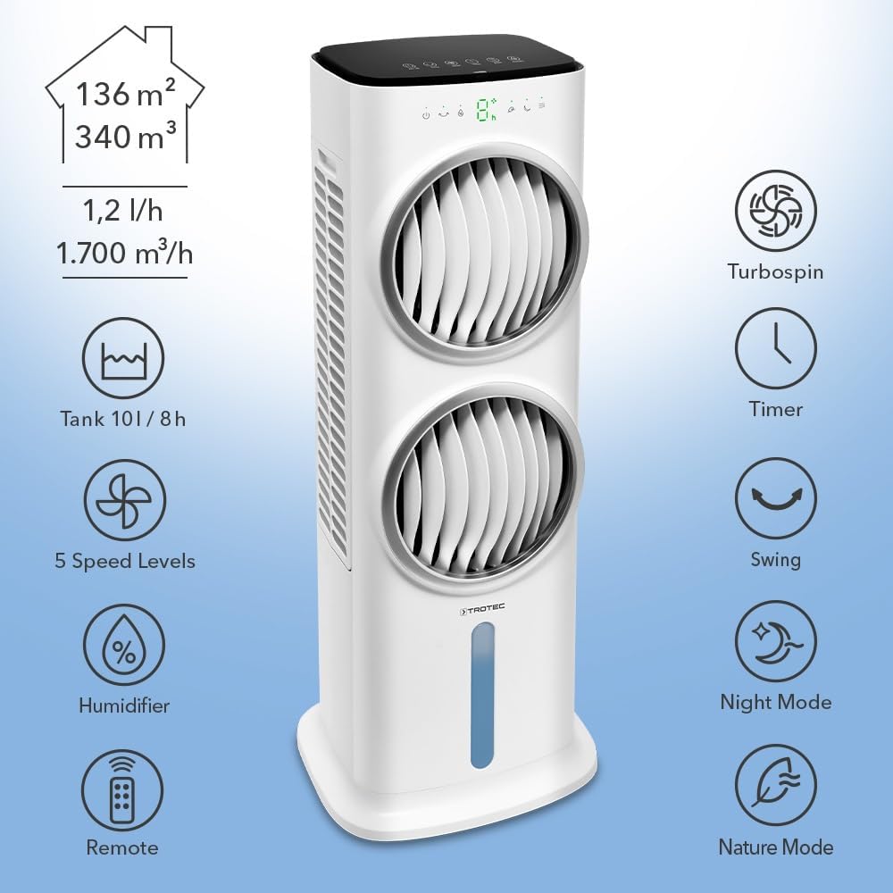 TROTEC PAE 45 4-in-1-Luftkühler Aircooler, Luftkühler Luftbefeuchter mobiles Klimagerät Klimaanlage Ventilator Lufterfrischung Verdunstungskühlung 10 l Tank