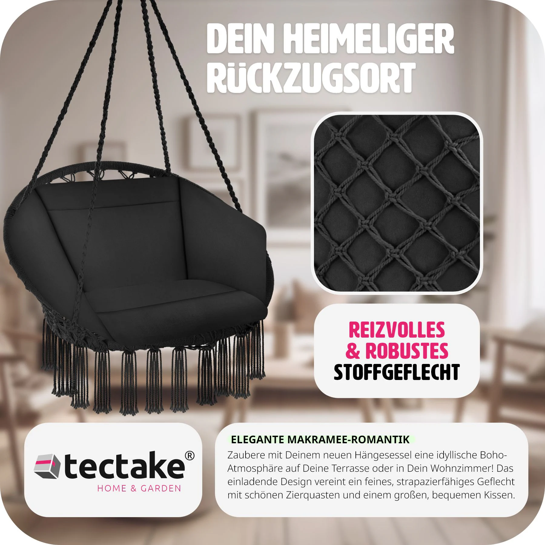 tectake® Hängesessel, mit Sitz- und Rückenpolster, große Zierquasten, 80 x 72 x 125 cm
