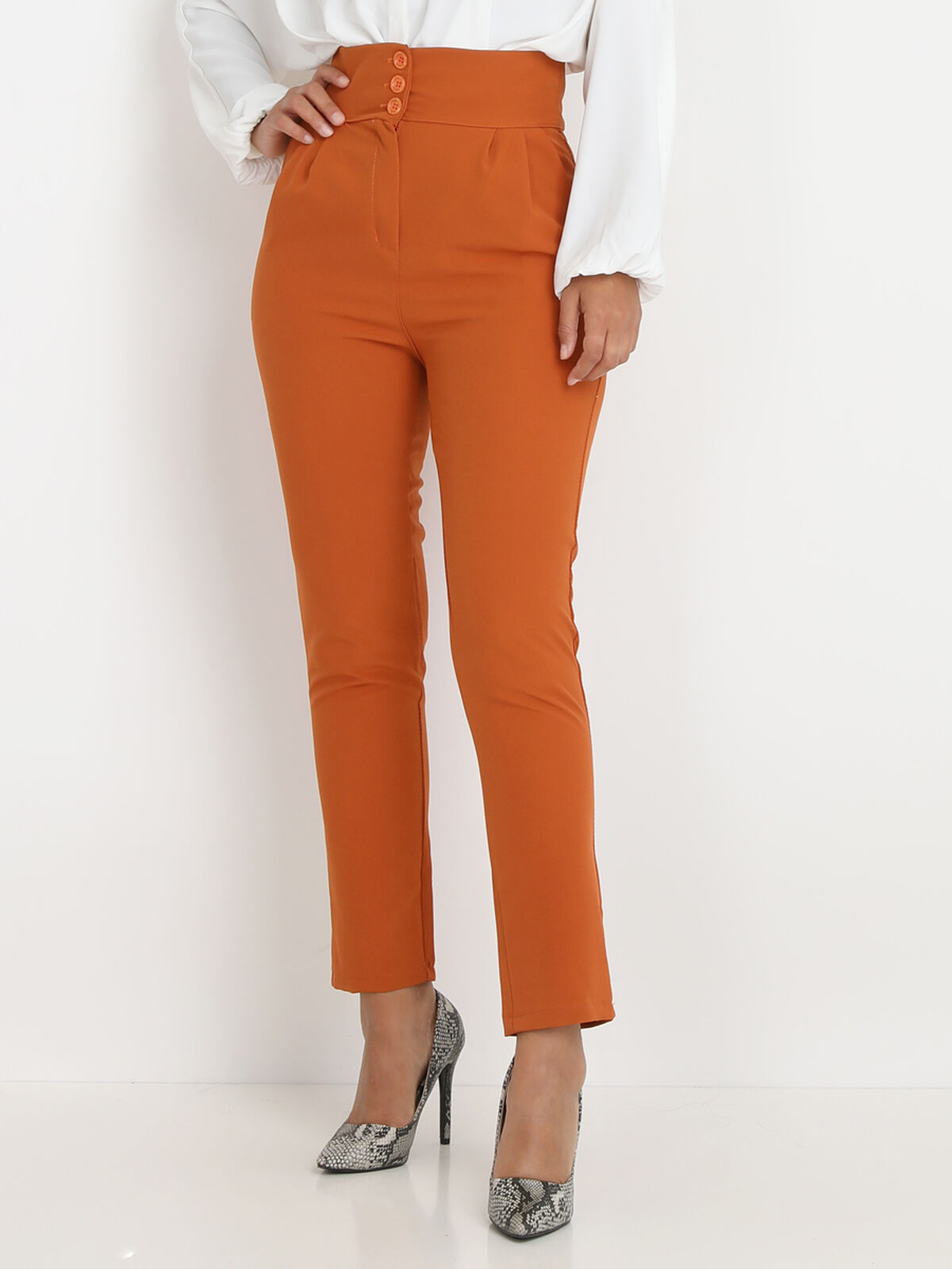 Pantalon à pinces plissé et boutonné- Orange foncé