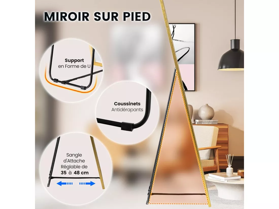 Miroir sur pied rectangulaire-miroir mural, 40 x 160 cm, angle d'inclinaison réglable, or