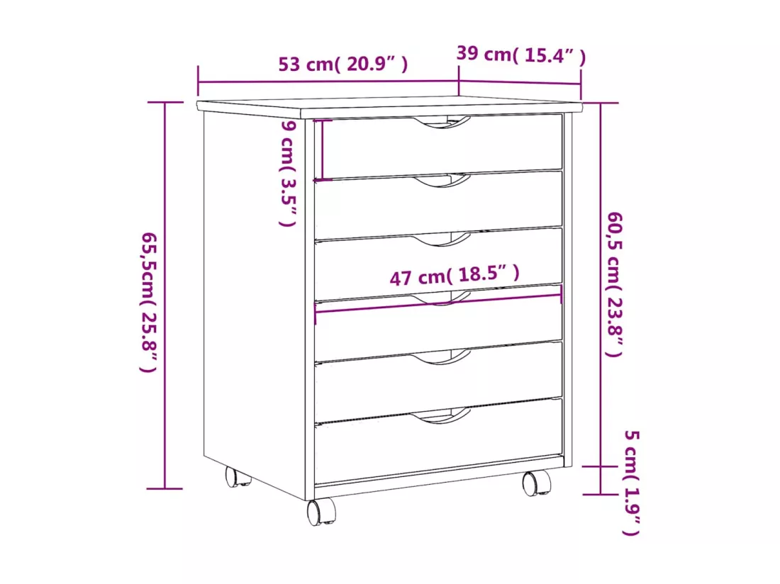 Armoire roulante avec tiroirs MOSS bois de pin marron miel