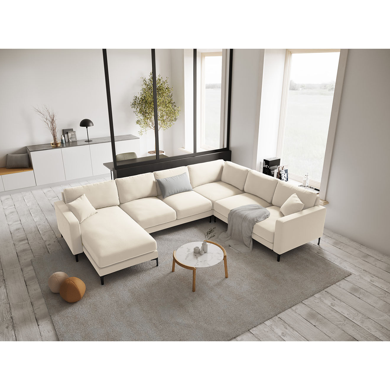 Mazzini Sofas Canapé Panoramique droit Velours Venus 6 Places beige clair - 326x236x90 cm