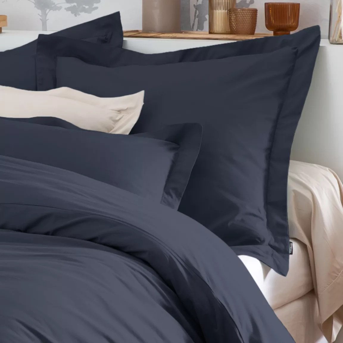 Taie d'oreiller carrée percale de coton (80 x 80 cm) Cali Bleu marine