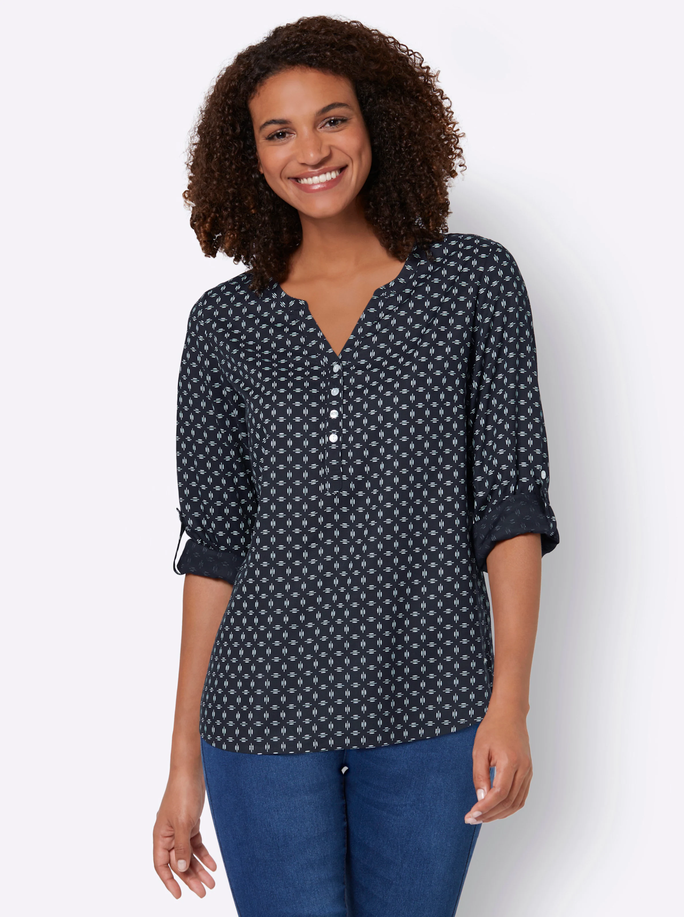 Schlupf-Bluse in marine-weiß-bedruckt