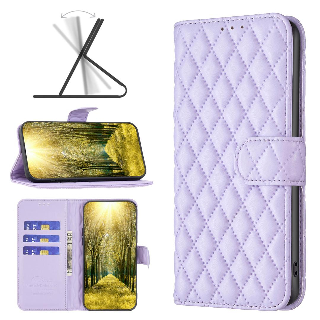 iPhone 13 Pro Leder Tasche Flip Cover Steppmuster - Lila