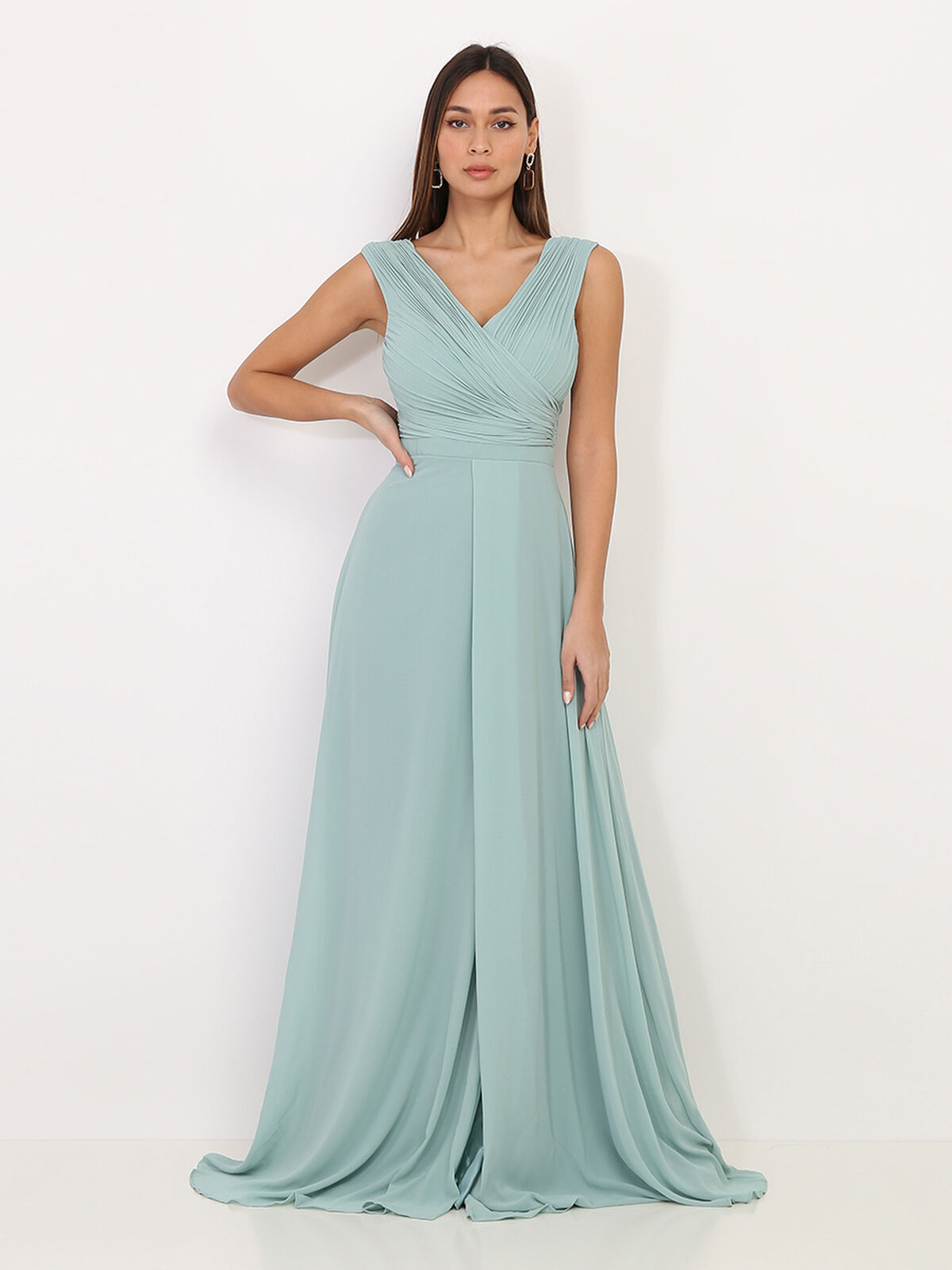 Robe longue drapée avec fente- Vert clair