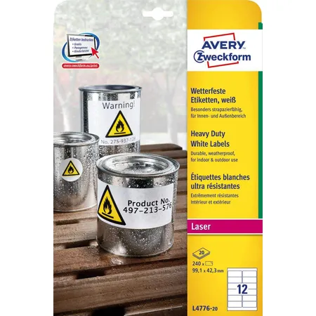 Avery Zweckform L4776-20 Wetterfeste Folien-Etiketten, 99,1 x 42,3 mm, 20 Bogen/240 Etiketten, weiß