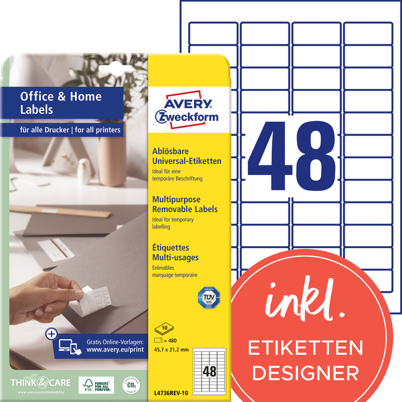 Avery Zweckform Etiketten wiederablösbar, L4736REV10, 45.7 x 21.2 mm, 10 Blatt