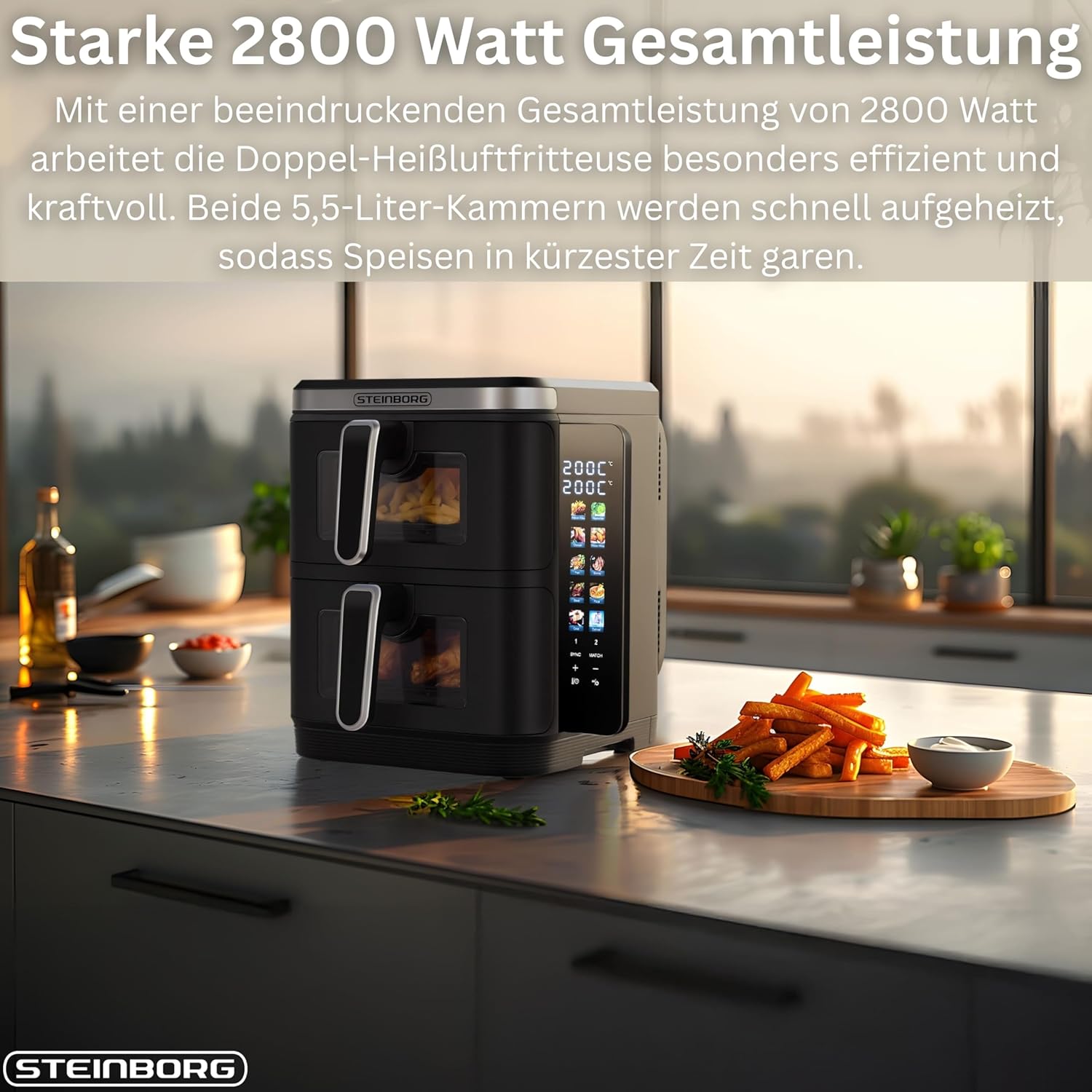 Steinborg® Heissluftfritteuse Doppelkammer 11 Liter Heißluft-Frittieren Heißluftfritteuse 2 vertikale Schubladen 5,5L+5,5L Grillen Backen Dörren Frittieren Friteuse ohne Öl Heißluftofen Heißluftgrill