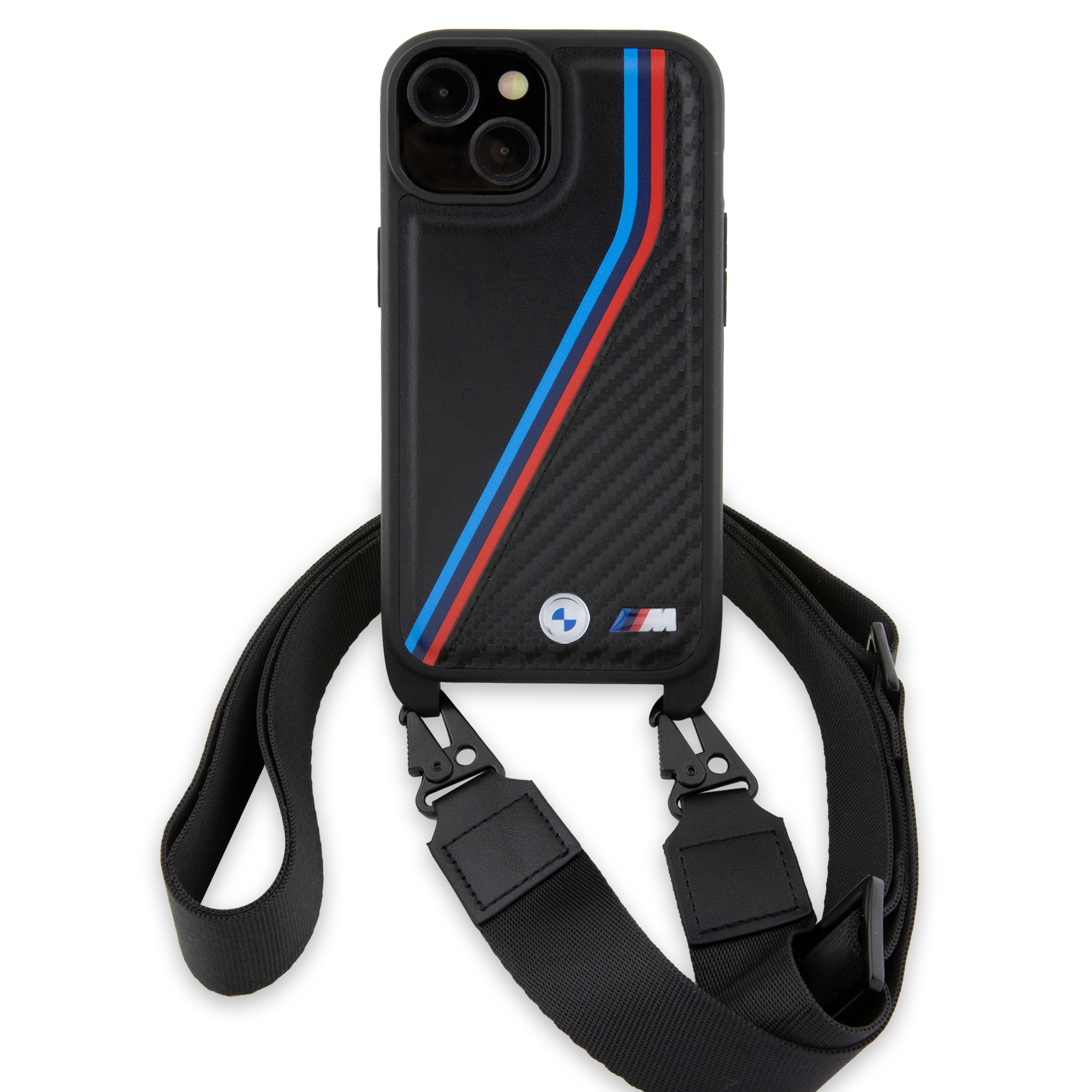 (160cm) iPhone 15 Necklace Leder Hardcase Hülle Carbon Tricolor Lines & Strap   Handykette (BMHCP15S23PSVTK) - Schwarz