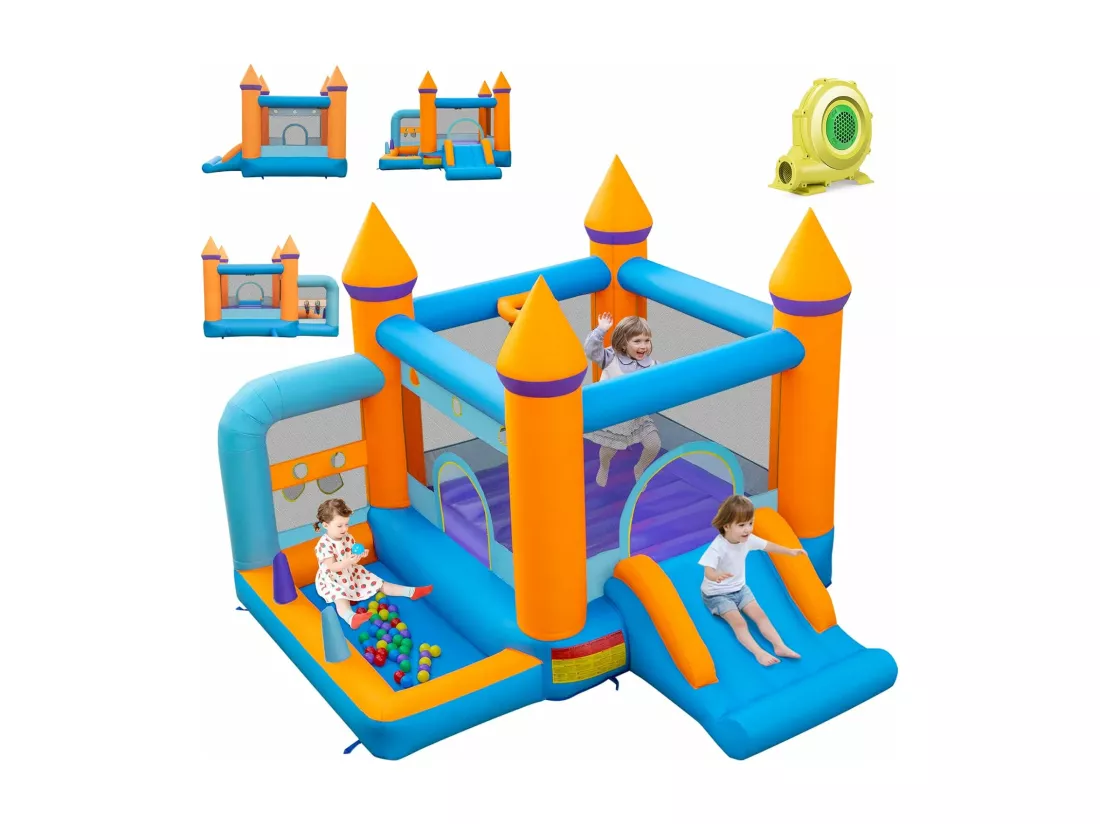 Château Gonflable 5 en 1 avec Toboggan, Maison de Saut Gonflable Intérieur Extérieur avec Piscine à Balles, Panier de Basketball, 50 Balles Océaniques, Charge 90kg pour 2 Enfants de 3-10 Ans