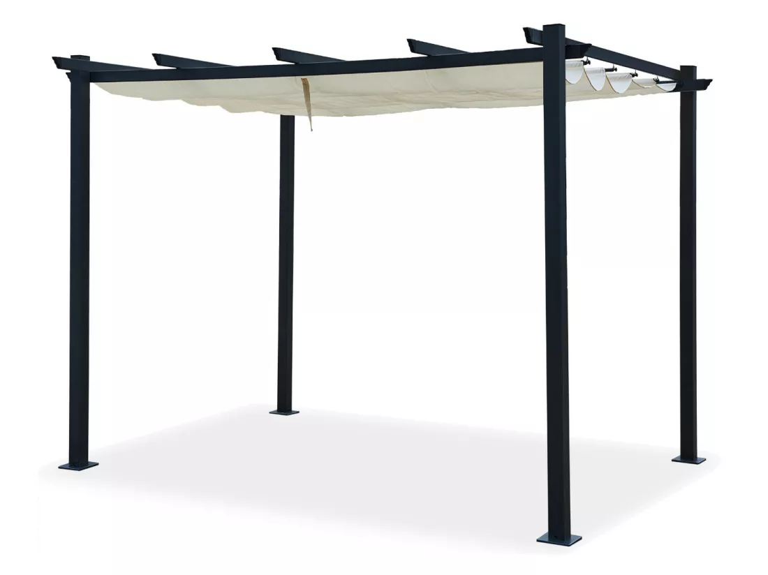 Tonnelle/Pergola aluminium 3x3m toile coulissante rétractable - Gris / Ecru - OHIO